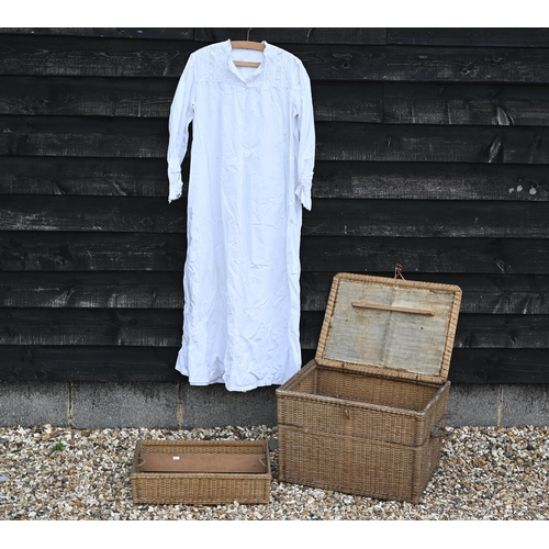 232 - An oriental wicker hamper with fitted innter tray to/w an antique embroidered nightshirt