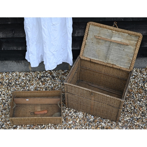 232 - An oriental wicker hamper with fitted innter tray to/w an antique embroidered nightshirt