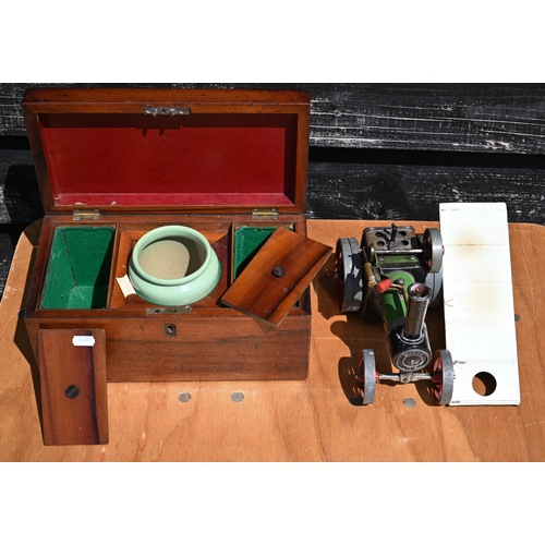 233 - A 19th century mahogany tea caddy, 29 cm wide, to/w a Mamod steam tractor (2)