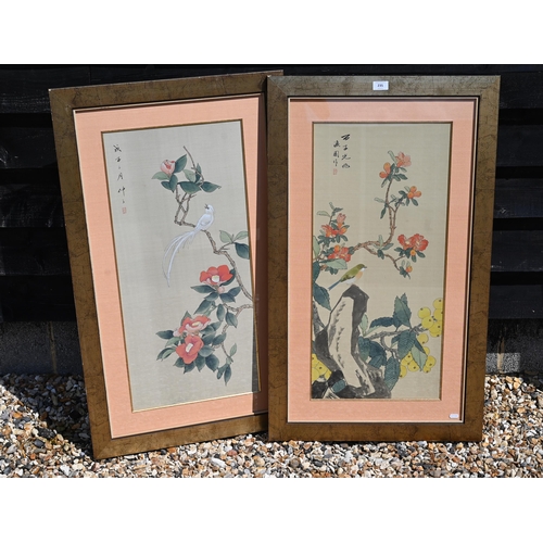 235 - A pair of Japanese painted silk panels, depicting birds, flowers and fruit, signed, 74 x 35 cm, moun... 