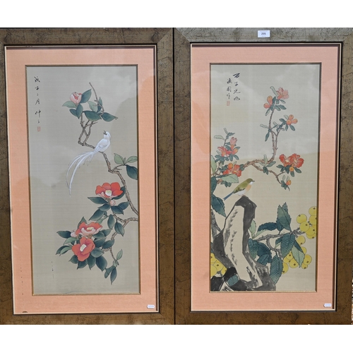 235 - A pair of Japanese painted silk panels, depicting birds, flowers and fruit, signed, 74 x 35 cm, moun... 