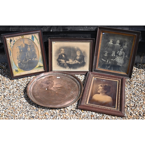 238 - An Eastern copper tray, to/w four large antique family photographs (5)