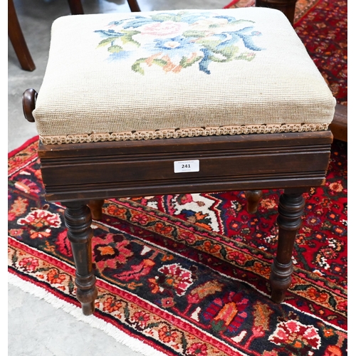 241 - Victorian rosewood height adjustable piano stool with floral tapestry seat, stamped 'Brooks Limited'... 