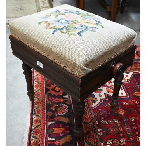 241 - Victorian rosewood height adjustable piano stool with floral tapestry seat, stamped 'Brooks Limited'... 