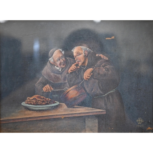 252 - DS - Monks cooking, oil on canvas, signed with initials and dated 1908, 21 x 29 cm