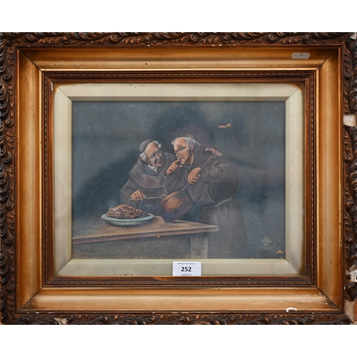 252 - DS - Monks cooking, oil on canvas, signed with initials and dated 1908, 21 x 29 cm