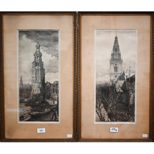 256 - Pieter Dupont - Two pencil signed etchings of Amsterdam churches, 34 x 20 cm  (2)