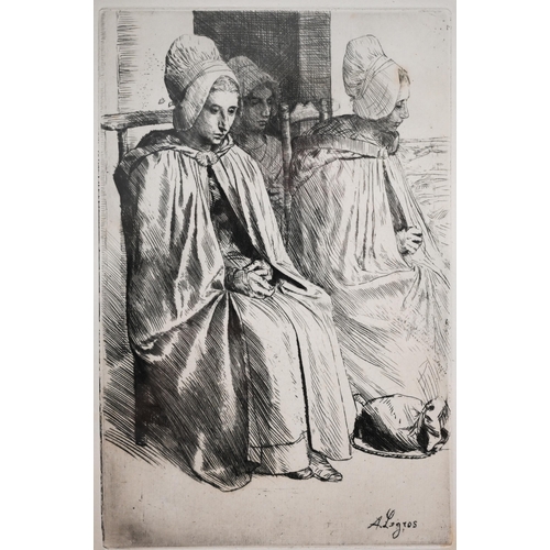 263 - A Legros, an etching of three women at prayer, 23 x 15 cm; A Lemman - Coastal view, pencil and water... 