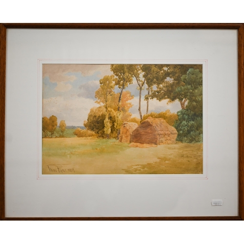 264 - Thos Pyne - Haystack landscape, watercolour, signed and dated 1917, 23.5 x 34 cm and River view, wat... 