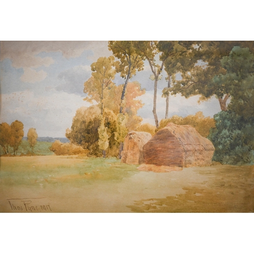 264 - Thos Pyne - Haystack landscape, watercolour, signed and dated 1917, 23.5 x 34 cm and River view, wat... 