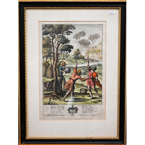 268 - Five antique engravings - beekeepers with Virgil's Georgicks framed to verso; Emperors and officers,... 