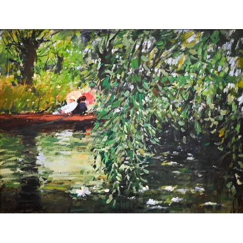 269 - Haille? - Impressionist painting of figures in a punt beneath trees, oil on canvas, signed, 49 x 63 ... 