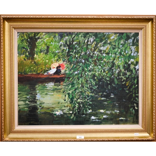 269 - Haille? - Impressionist painting of figures in a punt beneath trees, oil on canvas, signed, 49 x 63 ... 