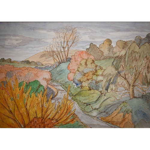 287 - Mixed pictures including watercolour landscapes, collage, and two oval flower studies (8)