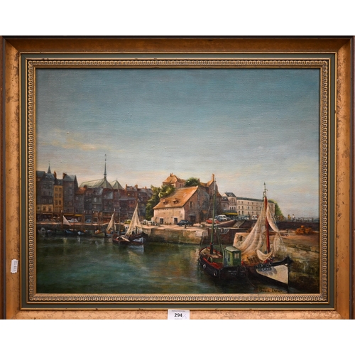 294 - Ursula Dunlop - Honfleur harbour, oil on canvas, signed, 39.5 x 50 cm to/w two 19th century steel en... 