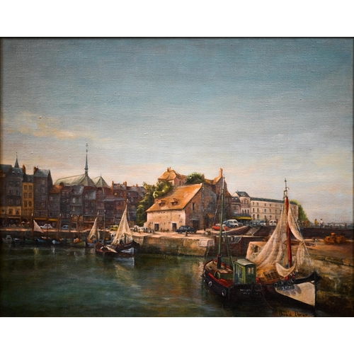 294 - Ursula Dunlop - Honfleur harbour, oil on canvas, signed, 39.5 x 50 cm to/w two 19th century steel en... 