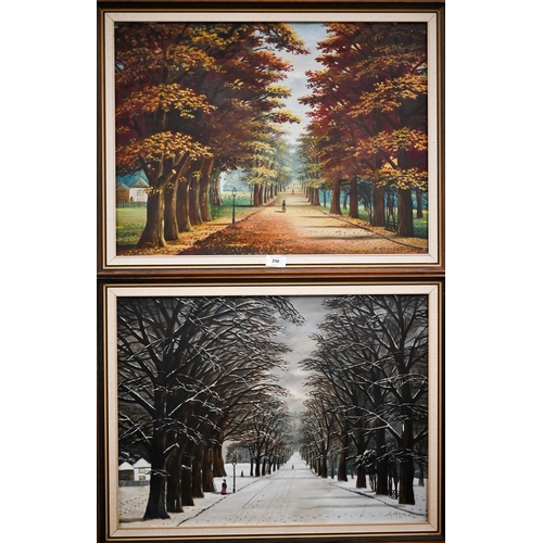 298 - H McKeown - Two views of Southampton Common, Autumn and Winter, oil on canvas, signed, 45 x 60 cm (2... 