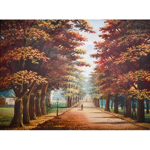 298 - H McKeown - Two views of Southampton Common, Autumn and Winter, oil on canvas, signed, 45 x 60 cm (2... 