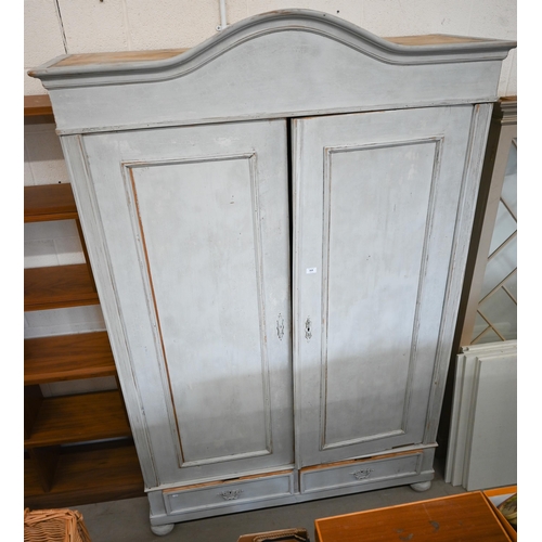 319 - An antique French pine armoire, in distressed duck-egg/grey painted finish , 146 cm wide x 55 cm dee... 