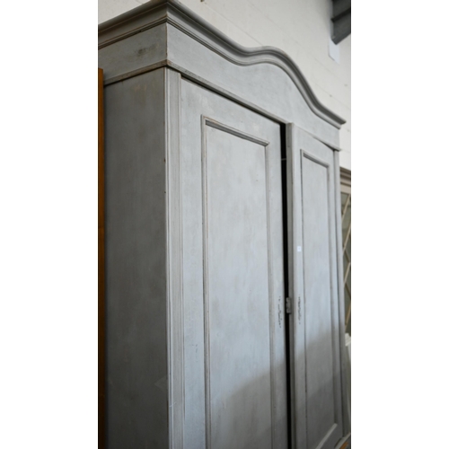 319 - An antique French pine armoire, in distressed duck-egg/grey painted finish , 146 cm wide x 55 cm dee... 