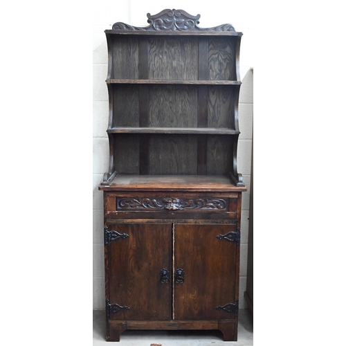 327 - A small carved oak dresser, 80 cm wide x 40 cm deep x 190 cm high