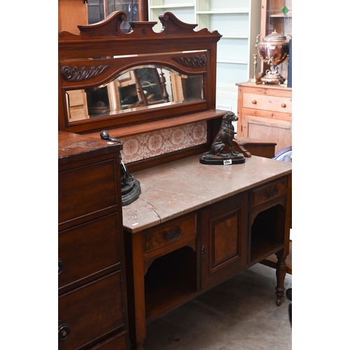 330 - Edwardian walnut marble top washstand with tiled and mirrored raised back, 102 cm wide x 54 cm deep ... 