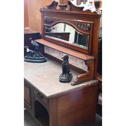 330 - Edwardian walnut marble top washstand with tiled and mirrored raised back, 102 cm wide x 54 cm deep ... 