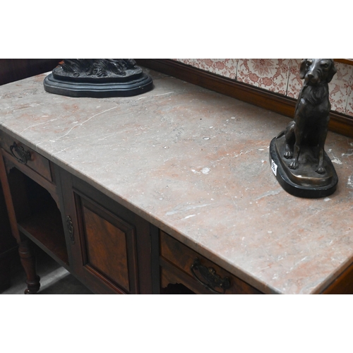 330 - Edwardian walnut marble top washstand with tiled and mirrored raised back, 102 cm wide x 54 cm deep ... 