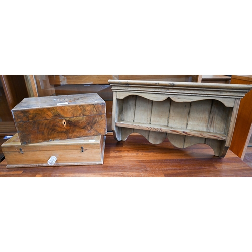 339 - A 19th century walnut inlaid work box to/w hardwood stationery box and pine spice rack (3)