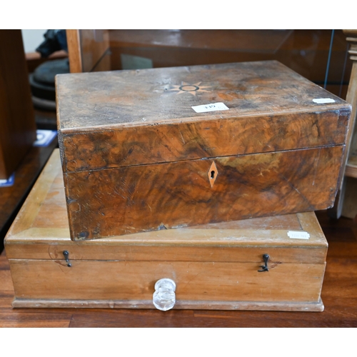 339 - A 19th century walnut inlaid work box to/w hardwood stationery box and pine spice rack (3)