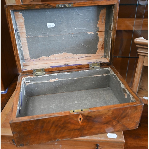 339 - A 19th century walnut inlaid work box to/w hardwood stationery box and pine spice rack (3)