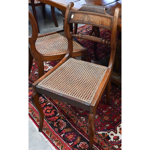 355 - Six Regency mahogany rope back dining chairs with caned seats to/w an oval dining table with a quadr... 