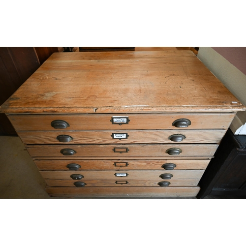 366 - An antique waxed pine six-drawer plan chest with cupped brass handles (2 sections), 122 x 85 x 88 cm... 