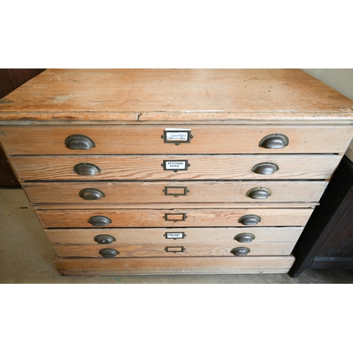 366 - An antique waxed pine six-drawer plan chest with cupped brass handles (2 sections), 122 x 85 x 88 cm... 