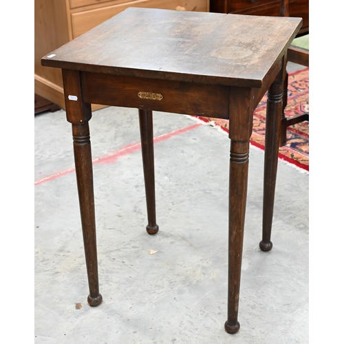 375 - An antique oak square lamp table on turned legs 'J C King Ltd' plaque, 52 x 52 x 75 cm h