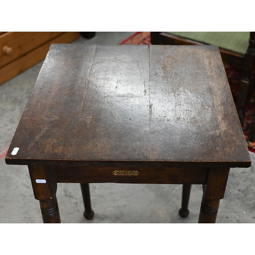 375 - An antique oak square lamp table on turned legs 'J C King Ltd' plaque, 52 x 52 x 75 cm h