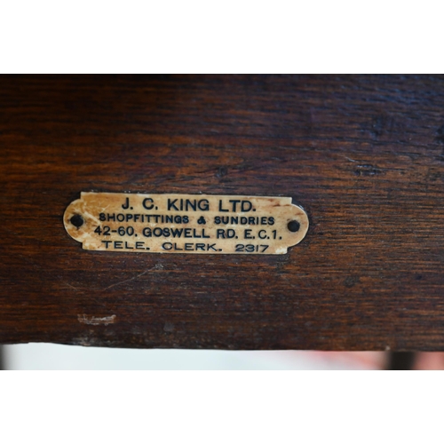 375 - An antique oak square lamp table on turned legs 'J C King Ltd' plaque, 52 x 52 x 75 cm h