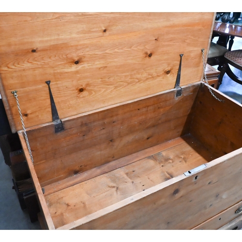 379 - An antique waxed pine mule chest with hinged top and two drawers, raised on bracket feet, 110 x 56 x... 