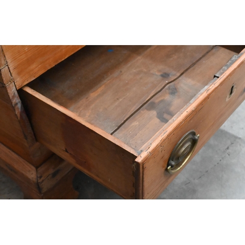 379 - An antique waxed pine mule chest with hinged top and two drawers, raised on bracket feet, 110 x 56 x... 