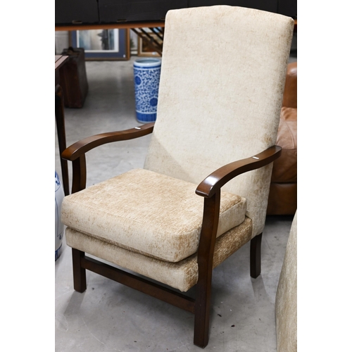 381 - # An oak framed open armchair with soft and firm cushions and champagne chenille upholstery