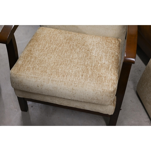 381 - # An oak framed open armchair with soft and firm cushions and champagne chenille upholstery