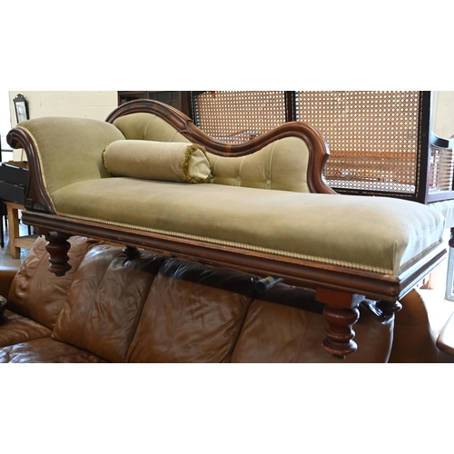 388 - A Victorian mahogany scroll-end chaise longue, pale green button-back dralon upholstery, 180 x 60 x ... 