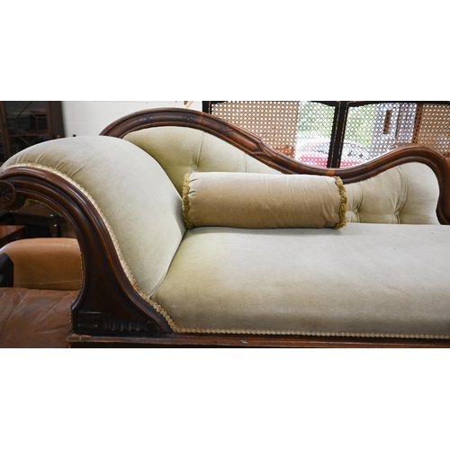 388 - A Victorian mahogany scroll-end chaise longue, pale green button-back dralon upholstery, 180 x 60 x ... 