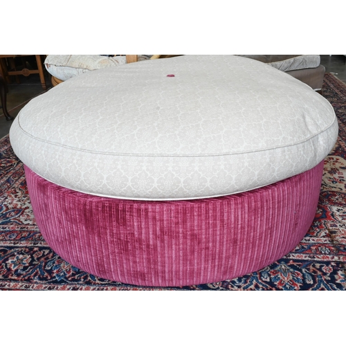 396 - A large George Smith circular centre stool pouffe, the palmette pattern fabric cushioned top on a cr... 