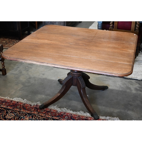 400 - # A 19th century mahogany dining table, moulded edge square top on turned column and quad supports, ... 