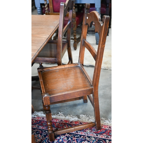 401 - Set of six oak reproduction Yorkshire dining chairs with panelled seats and turned supports, two car... 