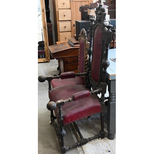 403 - Nine Victorian carved oak dining chairs with burgundy leatherette upholstery, eight standard and one... 