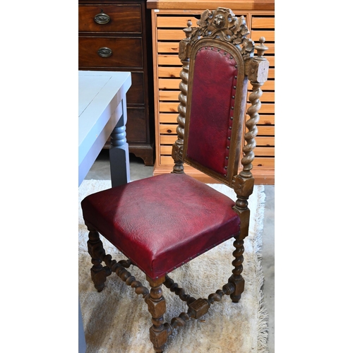 403 - Nine Victorian carved oak dining chairs with burgundy leatherette upholstery, eight standard and one... 