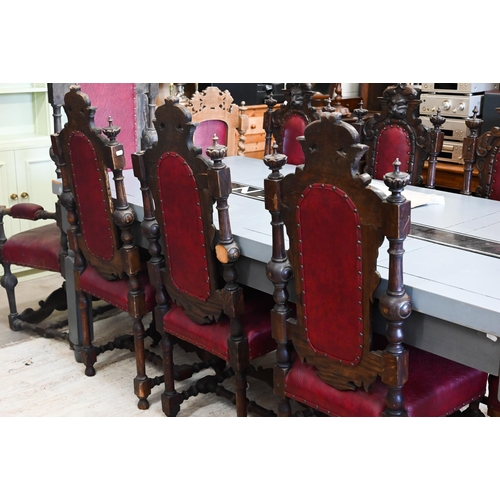 403 - Nine Victorian carved oak dining chairs with burgundy leatherette upholstery, eight standard and one... 