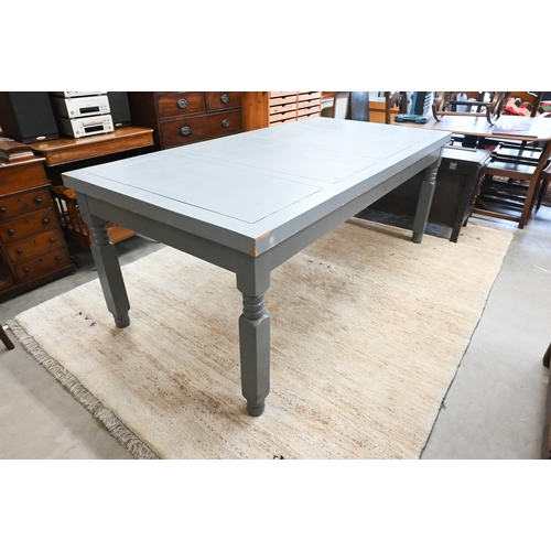 404 - A rectangular dining table with panelled top on turned legs with two-tone grey paint finish, 200 cm ... 